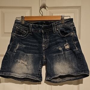 Distressed Denim Bermuda Shorts | Size 27 | Mid-Rise Blue Jean Shorts